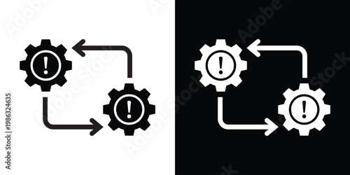 Large gears with exclamation marks and directional flow arrows. Icon depicting problem solving, system warning, technical optimization, risk management, and troubleshooting workflow.