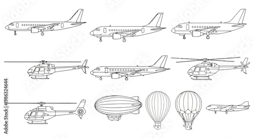 Set of various aircraft including airplanes, helicopters, airship and hot air balloons
