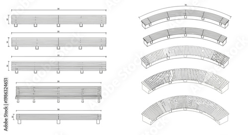 Set of modern wooden park benches with straight and curved designs
