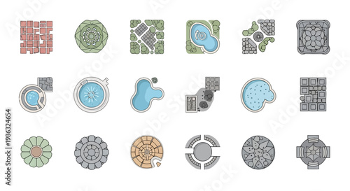 Set of top view landscape design elements, garden and park planning icons