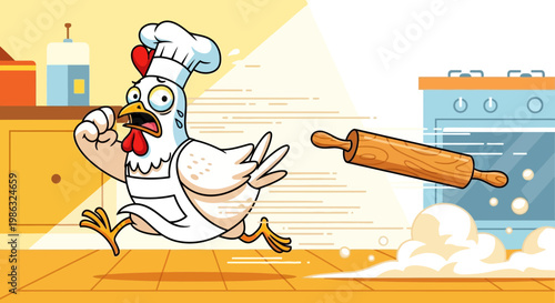 Cartoon Chicken Chef Fleeing From Rolling Pin In A Kitchen, Funny Culinary Scene