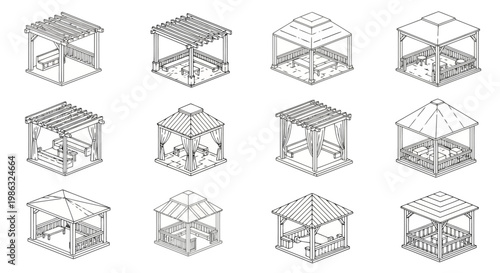 Set of isometric garden gazebos and pergolas with wooden structures and furniture