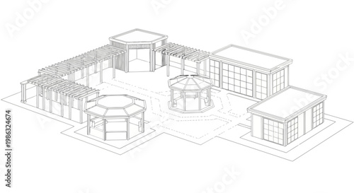 Architectural sketch of a modern garden layout with gazebos and pergolas