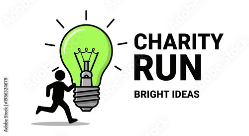 Cartoon Figure Run With Lightbulb To Promote Charity, Bright Idea Concept