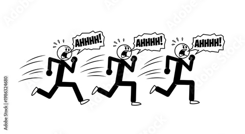 Cartoon Figures in Panic Running and Screaming in a State of High Alert and Fear