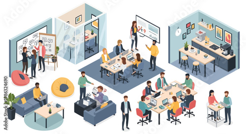 Isometric office workspace with employees working in collaborative environment