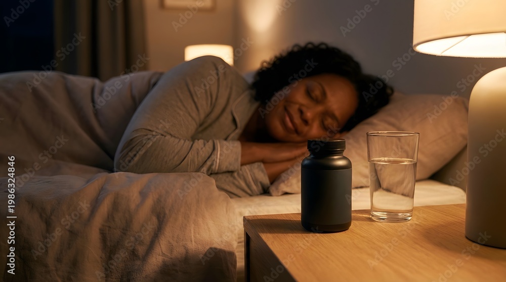 Fototapeta premium Black Woman Sleeping Peacefully In Bed With Supplement Bottle And Water On Nightstand At Night