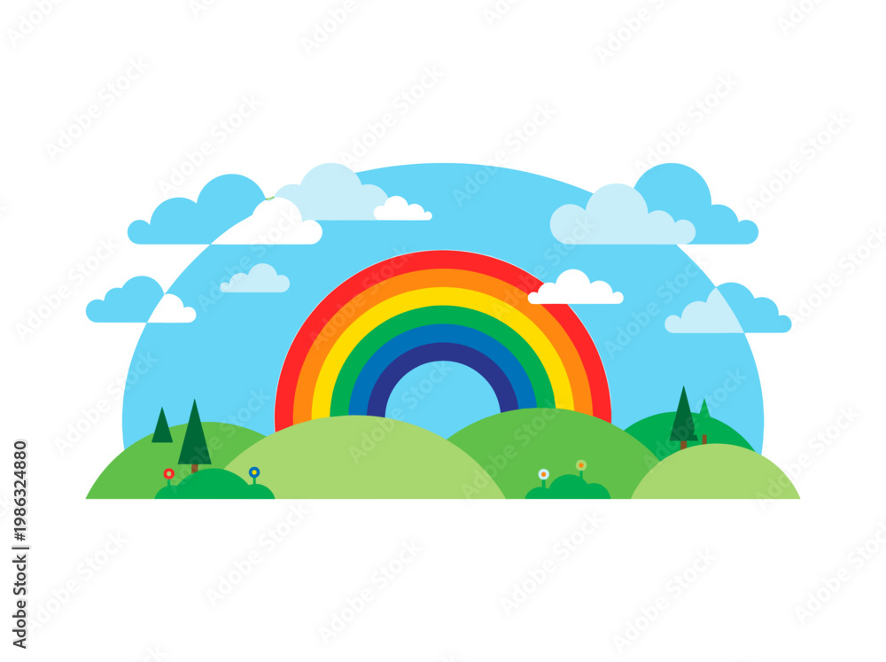 Fototapeta premium A colorful rainbow arching over a tranquil landscape with rolling hills, clouds, and trees, a symbol of hope and serenity