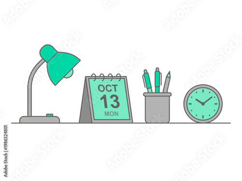 Workspace essentials: lamp, calendar, pen, clock, neat and organized