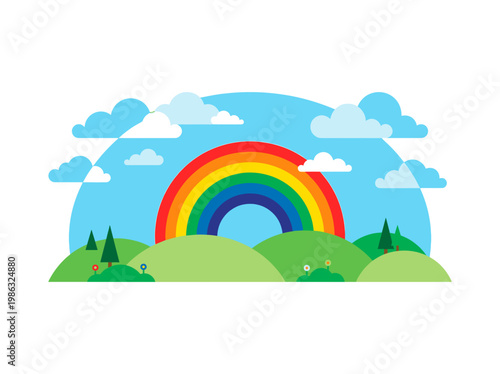 A colorful rainbow arching over a tranquil landscape with rolling hills, clouds, and trees, a symbol of hope and serenity