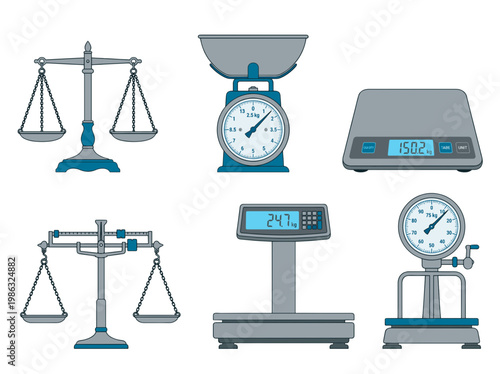 Various types of weighing scales, each designed for a different purpose and use. The collection showcases diversity in measurement tools