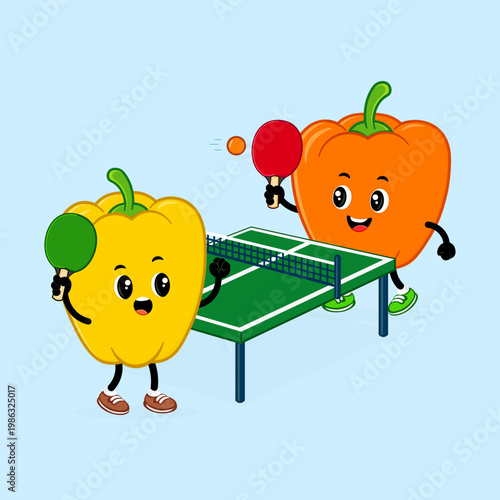 Bell peppers playing table tennis competitive game