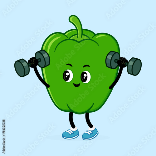 Green bell pepper character lifting dumbbells exercising