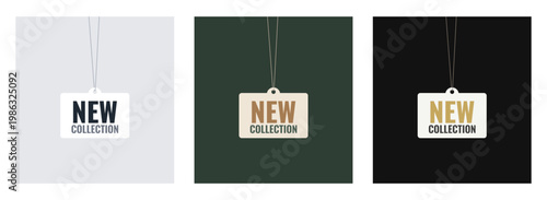 New collection hanging tags on various backgrounds for retail marketing and promotion