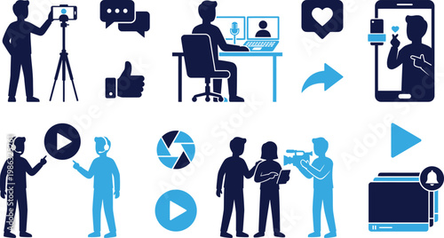 Vector icons set for vlogging and content creation with people and devices.