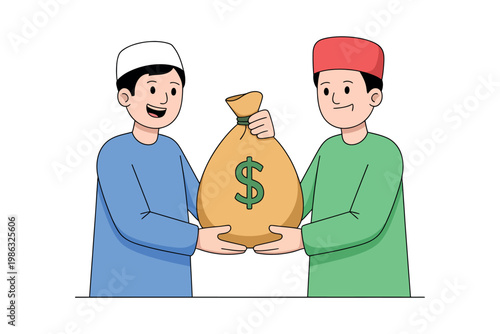 Two men in traditional attire exchanging a bag of money.