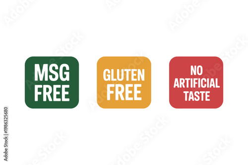 Food labels indicating MSG free, gluten free, and no artificial taste on a white background