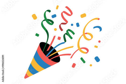 A colorful party horn with confetti and streamers on a white background, celebrating a special occasion.