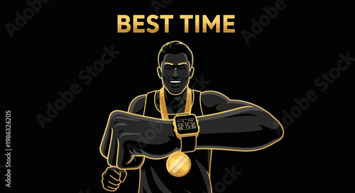 Champion Victorious Athlete Checking Time Displaying Achievement Gold Medal