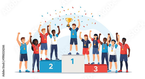 Champions Celebrating Victory on a Podium with Gold Medals and a Shining Trophy Display