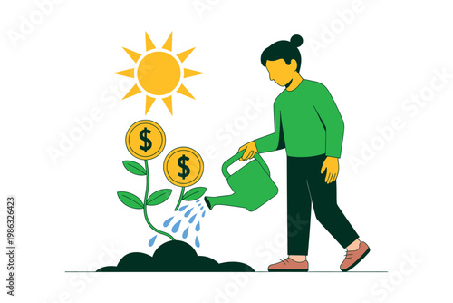 A woman nurturing a plant with dollar signs growing from it, symbolizing financial growth and investment.