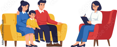 Family therapy session with psychologist, sad parents and child at counseling meeting, mental health support vector illustration