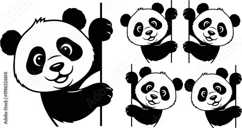 A cute black and white cartoon panda character is smiling happily while peeking from behind a vertical element, making it ideal for various design elements or playful graphic designs.