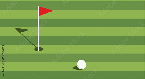Minimalist golf course vector illustration, white golf ball on green grass putting green, red flag in hole with long shadows, sports background