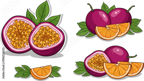 Fresh passion fruit and orange slices vector set, exotic purple maracuya with green leaves, tropical fruit collection for juice packaging and menu design