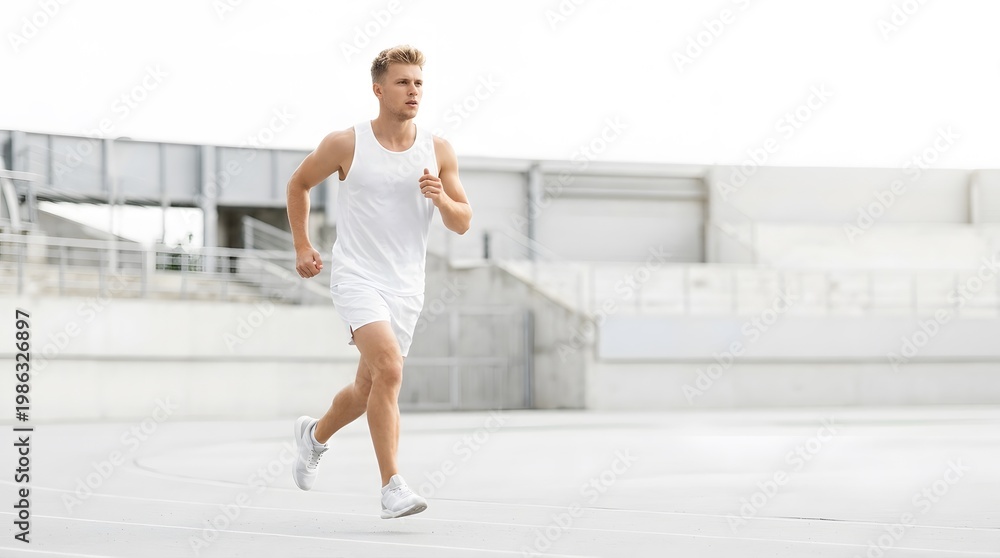 Obraz premium Young athletic man running on track wearing white sportswear with copy space