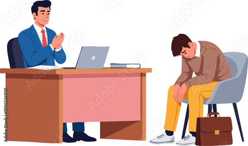 Professional job interview failure with sad candidate, disappointed employer at office desk, recruitment rejection and unemployment concept vector
