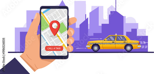 Taxi booking mobile app interface, hand holding smartphone with city map and location pin, yellow cab driving in urban skyline background, vector illustration