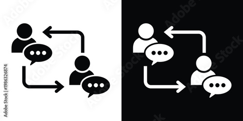 Two people profile icons with speech bubbles and directional arrows. Flat vector icon representing social interaction, customer feedback, peer dialogue, and information exchange workflow.