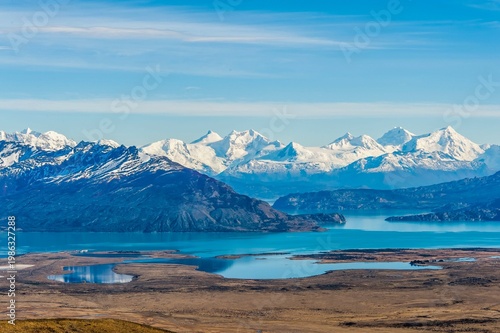 Scenic Patagonia landscape with Lago Argentino and Andes mountains near El Calafate Argentina, remote travel destination, wilderness nature, adventure tourism concept, copy space background