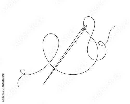 Sewing needle made of steel with thin cotton thread passed through its little eye, sharp tool for stitching, mending, or creative embroidery work, hand drawn craft supply clipart element