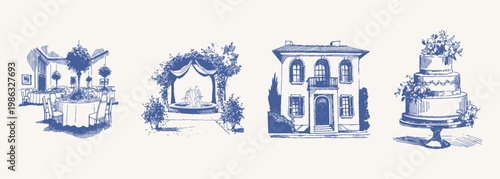 Elegant wedding reception table arch villa cake composition. Shows banquet table, floral arch with fountain, classic house and tier cake. Illustrations for invitations and branding in hand drawn style