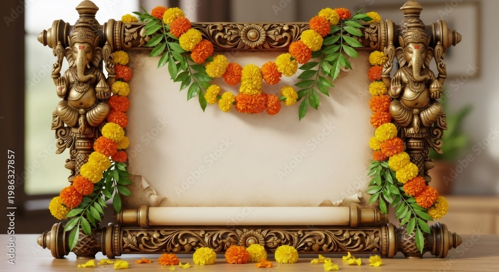 Obraz premium Intricate traditional Ganesha frame with marigold garlands. Hindu god Ganesha festival decor for Ganesha Chaturthi celebration card.