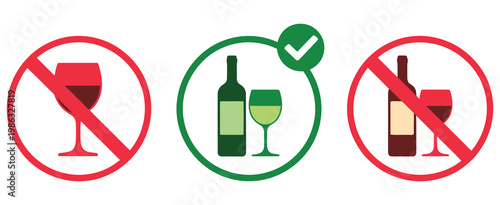 Drink alcohol zone red and green warning signs non alcohol sign and alcohol allow icon sign, beverage restriction and permission symbols, safety regulation and public control notice vector
