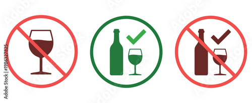 Drink alcohol zone red and green warning signs non alcohol sign and alcohol allow icon sign, beverage restriction and permission symbols, safety regulation and public control notice vector