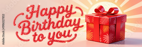 A vibrant red gift box adorned with a tropical leaf pattern and a matching bow, accompanied by a glittery Happy Birthday to you message in a playful font.
