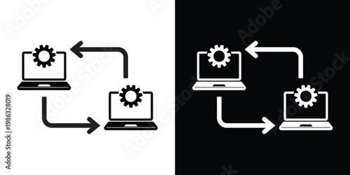 Laptop icons featuring gear symbols and directional flow arrows. Concept of hardware synchronization, system updates, technical maintenance, and computer network processing.