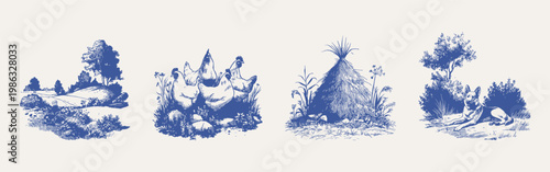 Countryside animals rooster hens haystack dog farm composition. Rustic scenes with poultry and open fields environment. Illustrations for packaging and branding in hand drawn sketch style.