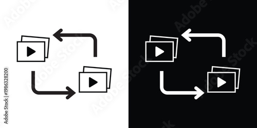 Media player icons with play buttons and circular arrows. Illustrates video streaming, multimedia content exchange, digital distribution, and video playback workflow.