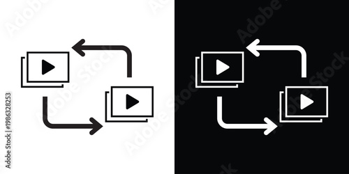 Media player icons with play buttons and circular arrows. Illustrates video streaming, multimedia content exchange, digital distribution, and video playback workflow.