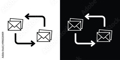 Outline envelope icons connected by directional arrows. Represents email communication, data transfer, messaging workflow, digital marketing, and information exchange.