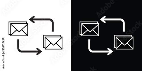 Outline envelope icons connected by directional arrows. Represents email communication, data transfer, messaging workflow, digital marketing, and information exchange.