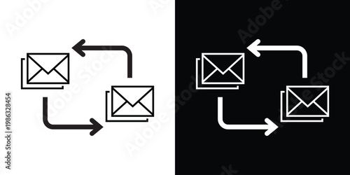 Outline envelope icons connected by directional arrows. Represents email communication, data transfer, messaging workflow, digital marketing, and information exchange.