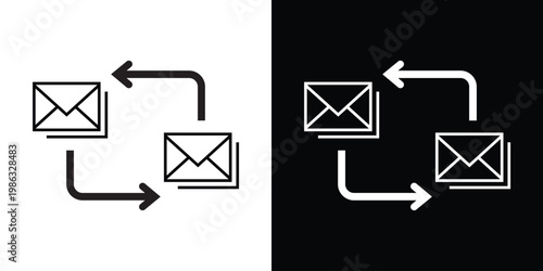 Outline envelope icons connected by directional arrows. Represents email communication, data transfer, messaging workflow, digital marketing, and information exchange.