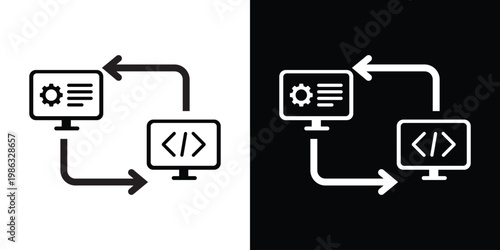 Computer screen icons with gear and coding symbols connected by arrows. Represents software development life cycle, automated programming workflow, and digital system integration.