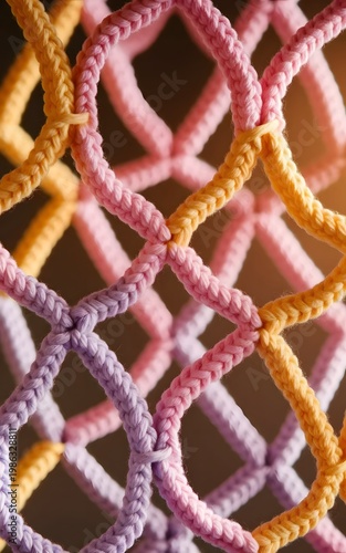 colorful crocheted rope mesh, pastel pink, purple, and yellow